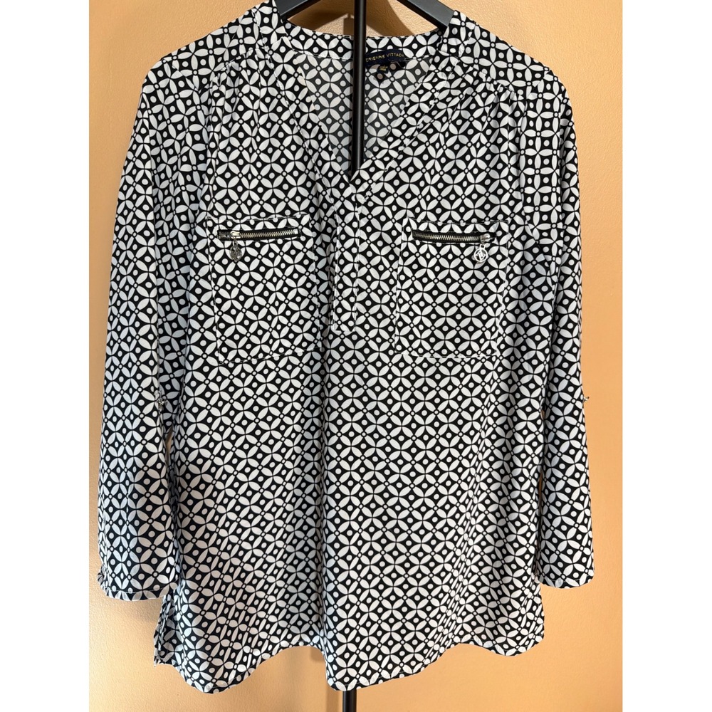 Adrienne Vittadini Studio Black‎ White Geometric Roll Tab Sleeve Blouse Large